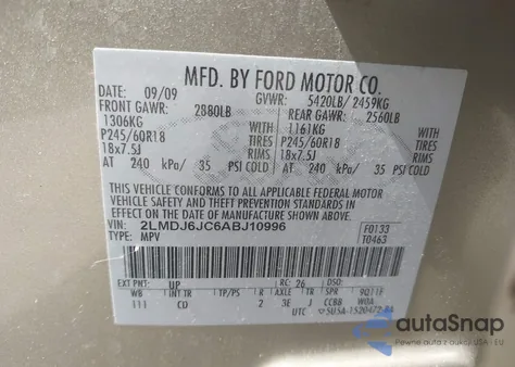 2010 Lincoln Mkx from USA, damaged, VIN 2LMDJ6JC6ABJ10996